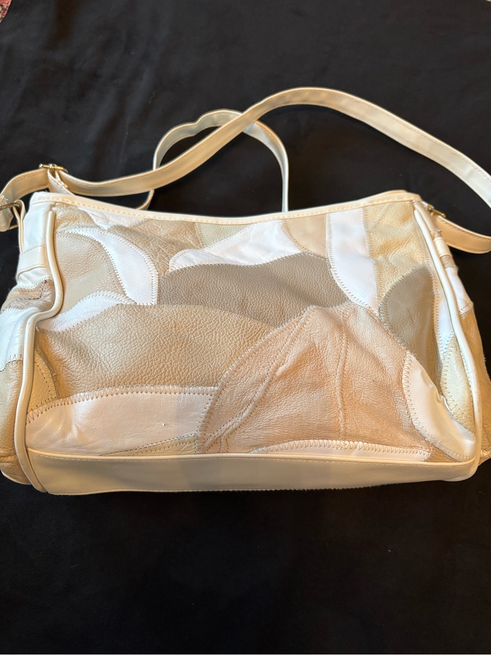 Neutral Patchwork Faux Leather Shoulder Bag - Cream/White